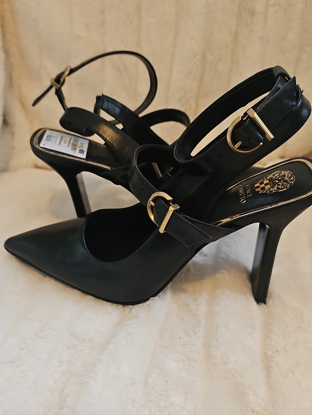 Vince Camuto Black Pointed-Toe Strappy Stiletto Heels with Gold Buckles
